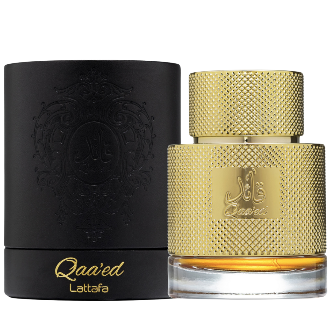 A luxurious gold-colored perfume bottle with a textured cap and the brand name 'Lattafa' displayed prominently. Lattafa Qaa’ed Eau de Parfum – luxurious men’s fragrance in an opulent gold textured bottle with black embossed packaging, showcasing Arabic calligraphy and oriental elegance.