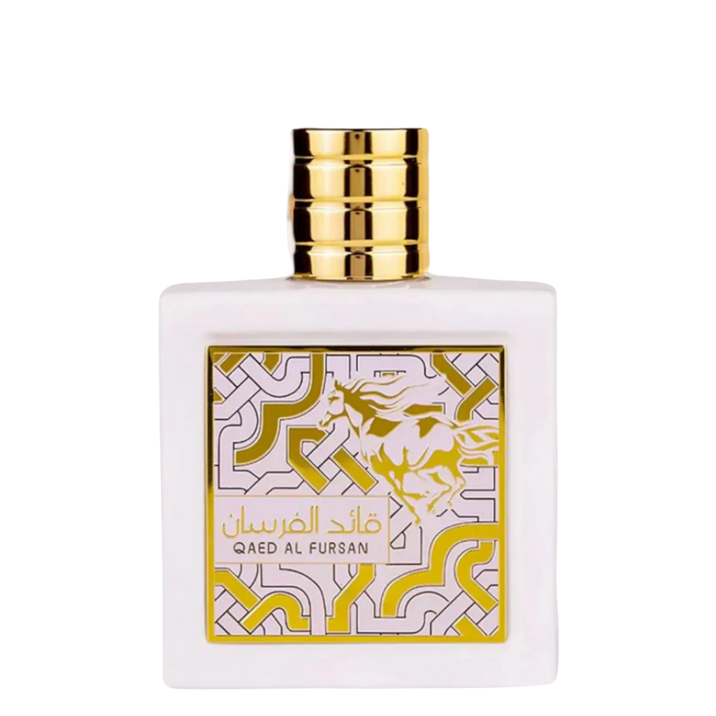 Bottle of Qaed Al Fursan Unlimited Perfume with a white and gold design on the label, featuring a horse and geometric patterns. Inspired by Versace - Eros