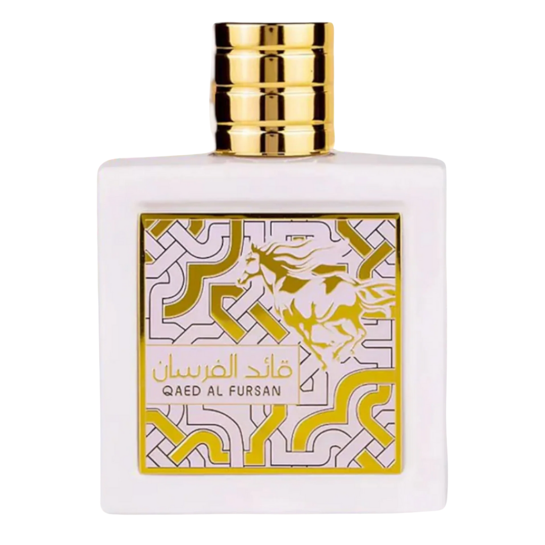 Bottle of Qaed Al Fursan Unlimited Perfume with a white and gold design on the label, featuring a horse and geometric patterns. Inspired by Versace - Eros