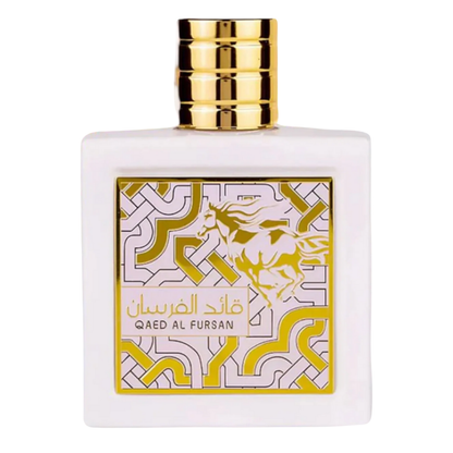 Bottle of Qaed Al Fursan Unlimited Perfume with a white and gold design on the label, featuring a horse and geometric patterns. Inspired by Versace - Eros