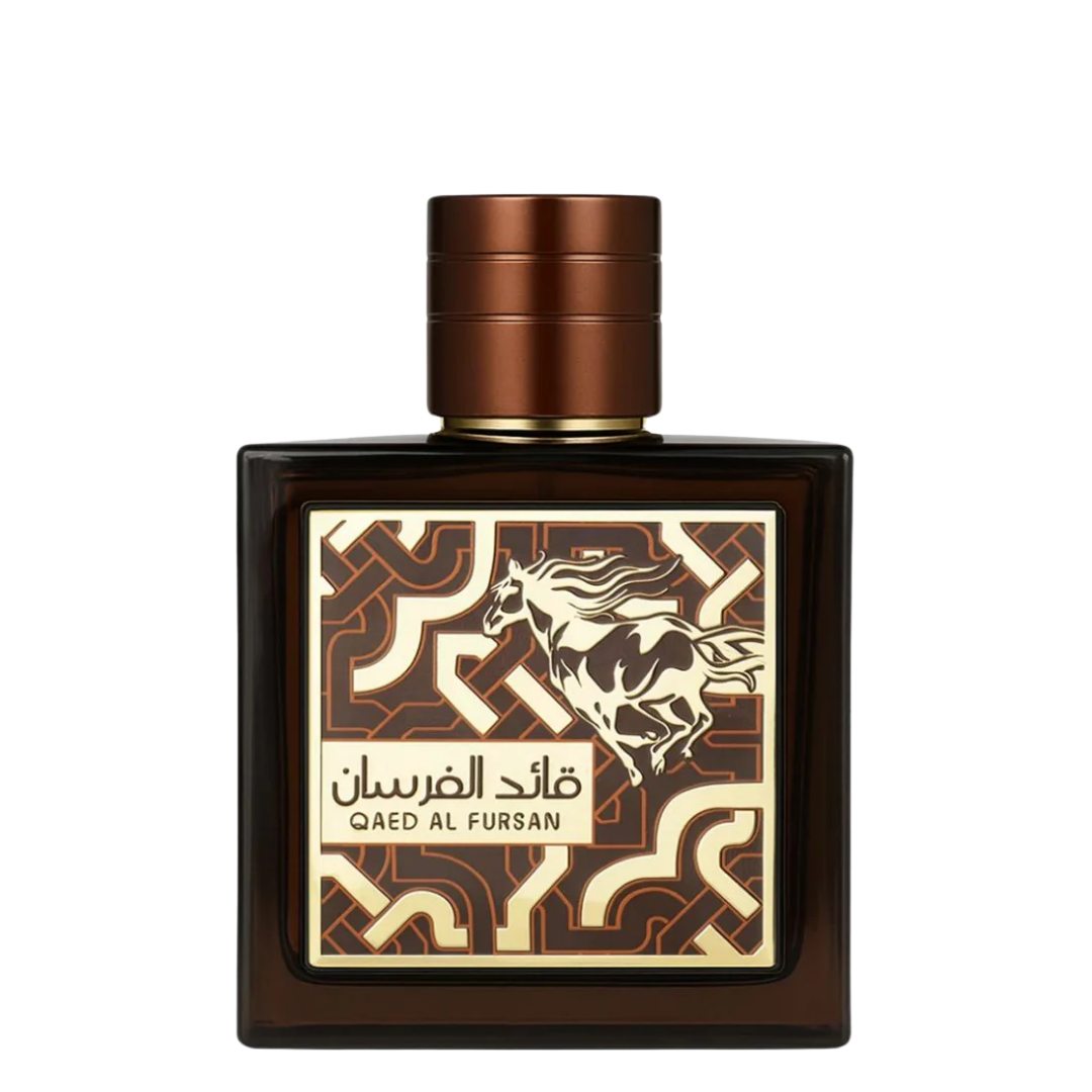 Bottle of Qaed Al Fursan Untamed Perfume with a brown cap and a label featuring a white horse, geometric patterns, and text. Inspired by Versace - Eros Najim.