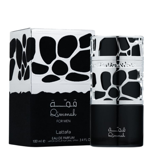 Perfume bottle and packaging with black and white design. Lattafa Qimmah for Men Perfume