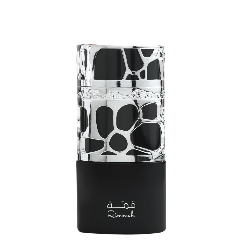 A sleek black cylindrical perfume bottle with silver accents, displaying the brand name 'Qimmah'. Lattafa Qimmah for Men Perfume