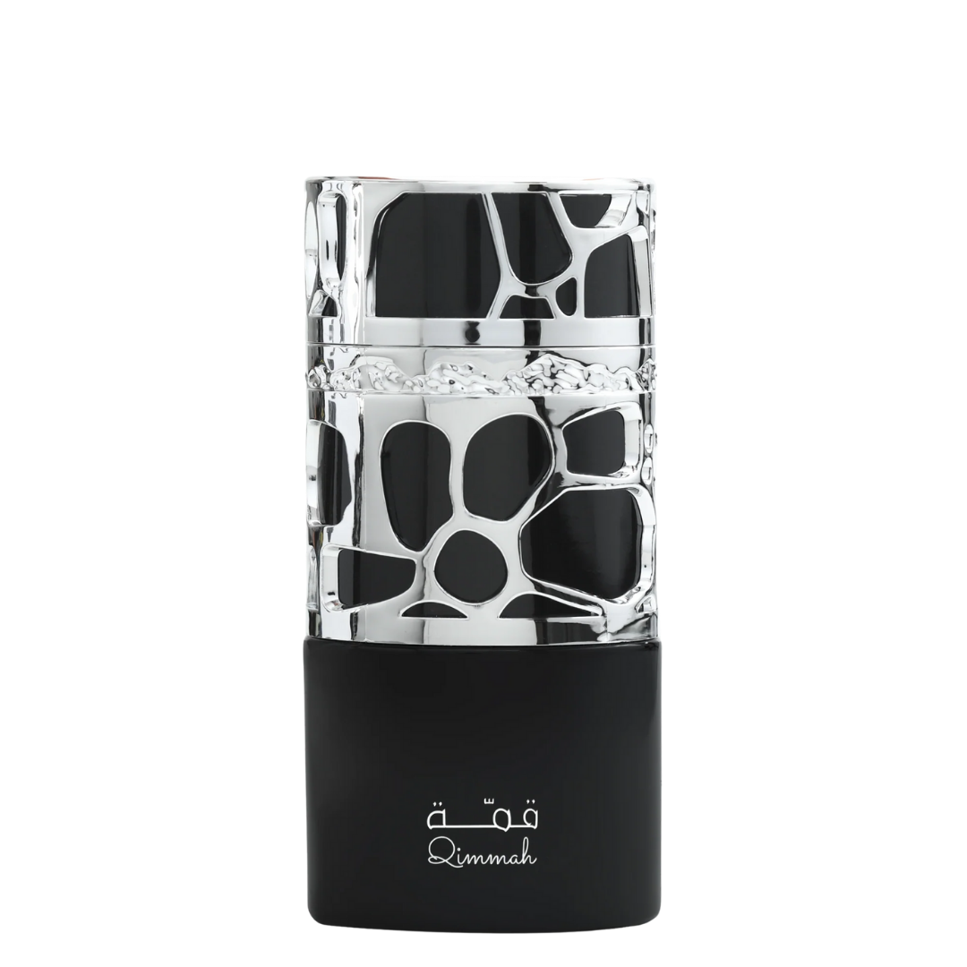 A sleek black cylindrical perfume bottle with silver accents, displaying the brand name 'Qimmah'. Lattafa Qimmah for Men Perfume