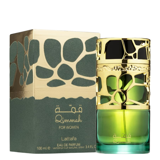 Perfume bottle with gold and green design next to packaging box. Lattafa Qimmah for Women Perfume