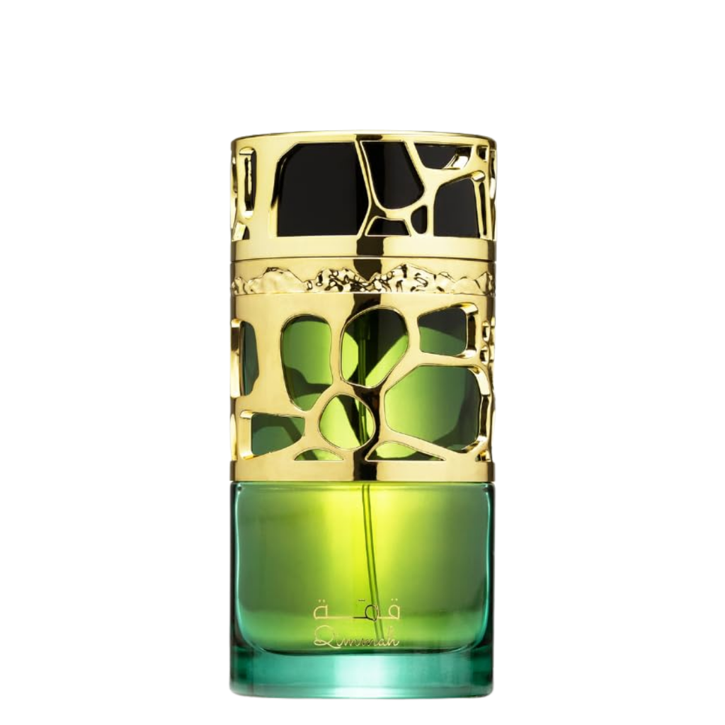 A green perfume bottle with a gold cap featuring intricate geometric patterns. Lattafa Qimmah for Women Perfume