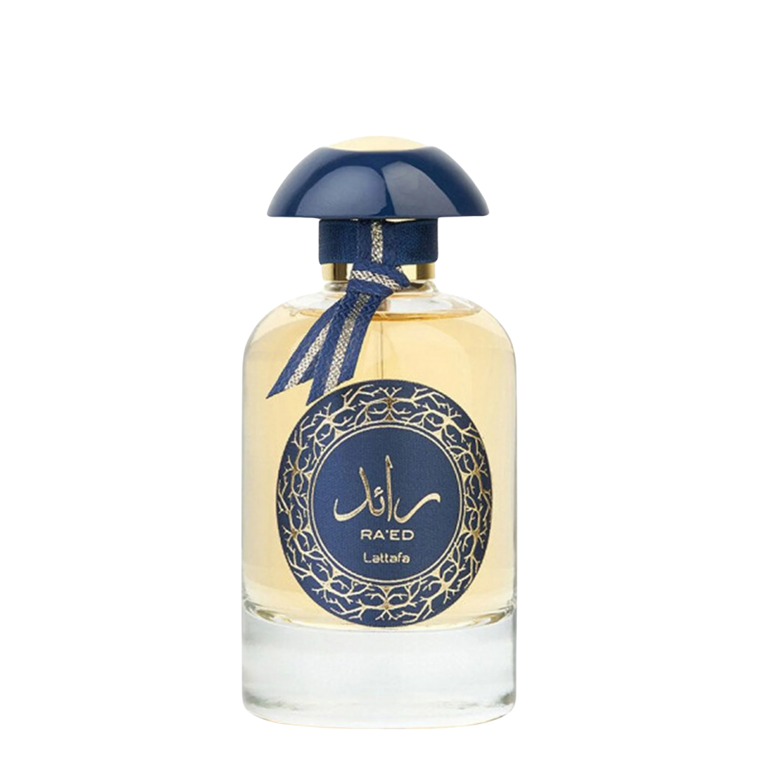 Perfume bottle with blue cap and label on a white background. Lattafa Ra'ed Luxe Unisex Perfume