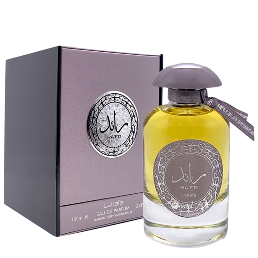 RAED Lattafa perfume bottle and packaging on a white background. Lattafa Ra'ed Silver Unisex Perfume