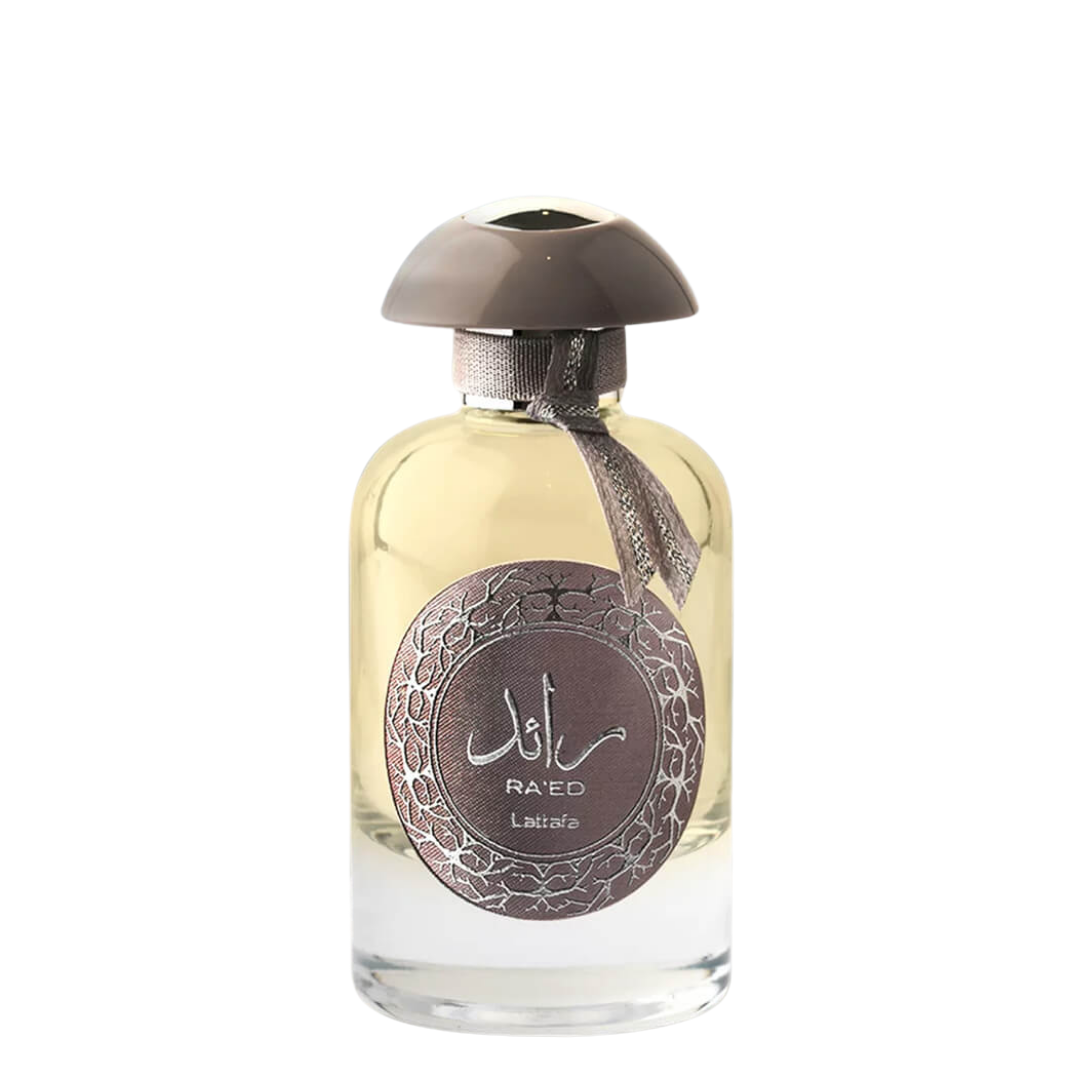 Perfume bottle with intricate design on a white background. Lattafa Ra'ed Silver Unisex Perfume