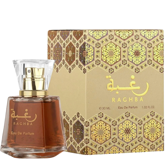 Raghba Eau De Parfum bottle and packaging on a white background. Lattafa Raghba Unisex Perfume
