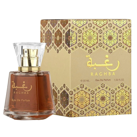 Raghba Eau De Parfum bottle and packaging on a white background. Lattafa Raghba Unisex Perfume
