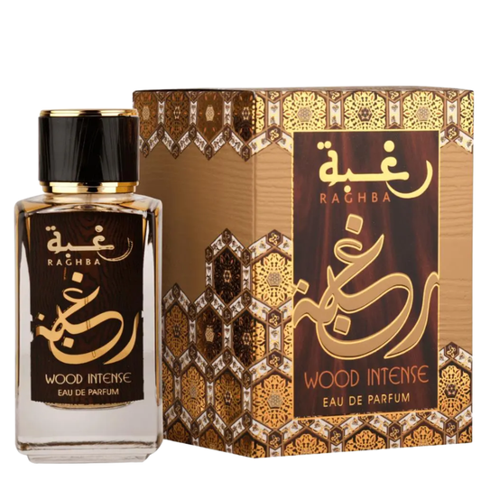Rachba Wood Intense Eau de Parfum bottle and packaging on a white background. Lattafa Raghba Wood Intense Mens Perfume