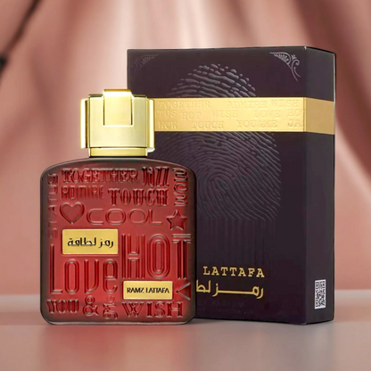 Lattaafa perfume bottle and packaging on a gradient background. Lattafa Ramz Gold Unisex Perfume