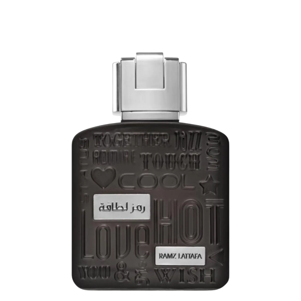 Black perfume bottle with embossed text and 'RAMZ LATTAFA' branding on a white background. Lattafa Ramz Silver Unisex Perfume