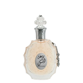A bottle of Rouat Al Musk perfume by Lattafa, featuring a clear glass container with a floral design and a silver cap.