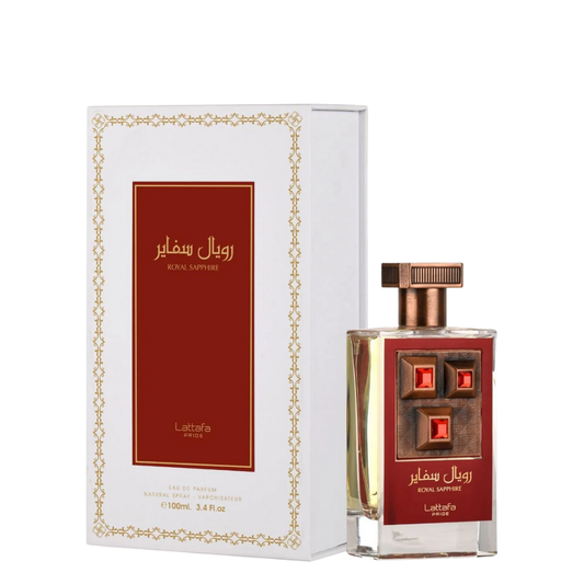 Lattafa Royal Sapphire perfume bottle and packaging on a white background
