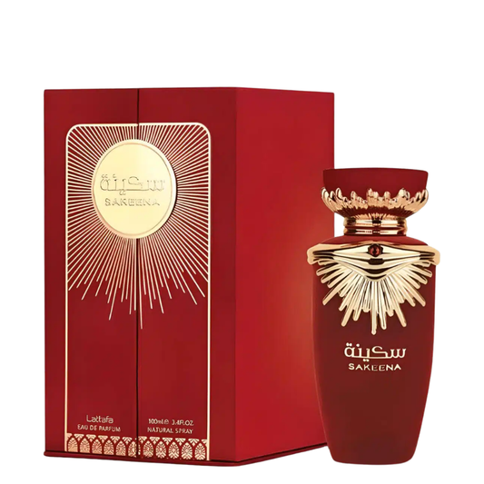 Red perfume bottle with gold detailing and packaging on a white background. Lattafa Sakeena Womens Perfume