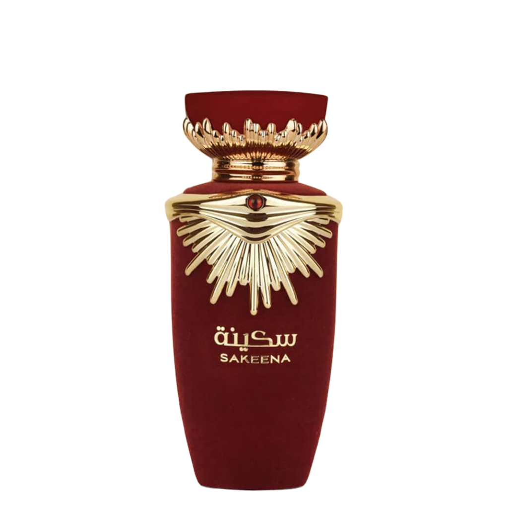 A bottle of Sakeena perfume by Lattafa with a red label and a gold-colored cap.