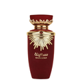 A bottle of Sakeena perfume by Lattafa with a red label and a gold-colored cap.