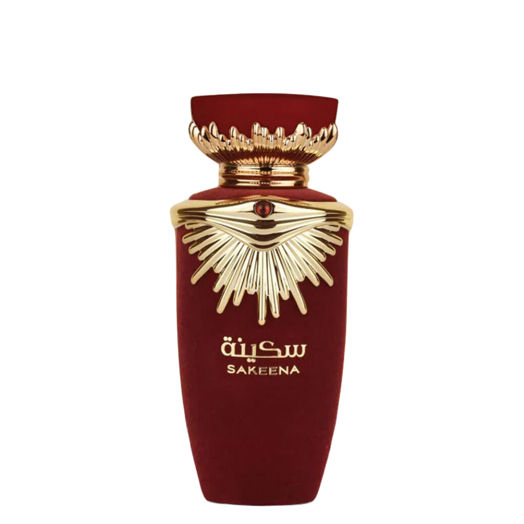 A bottle of Sakeena perfume by Lattafa with a red label and a gold-colored cap.