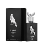 Shaheen Silver Eau de Parfum bottle and its matching black packaging box, both featuring a silver falcon illustration and a silver eagle cap on a white background.