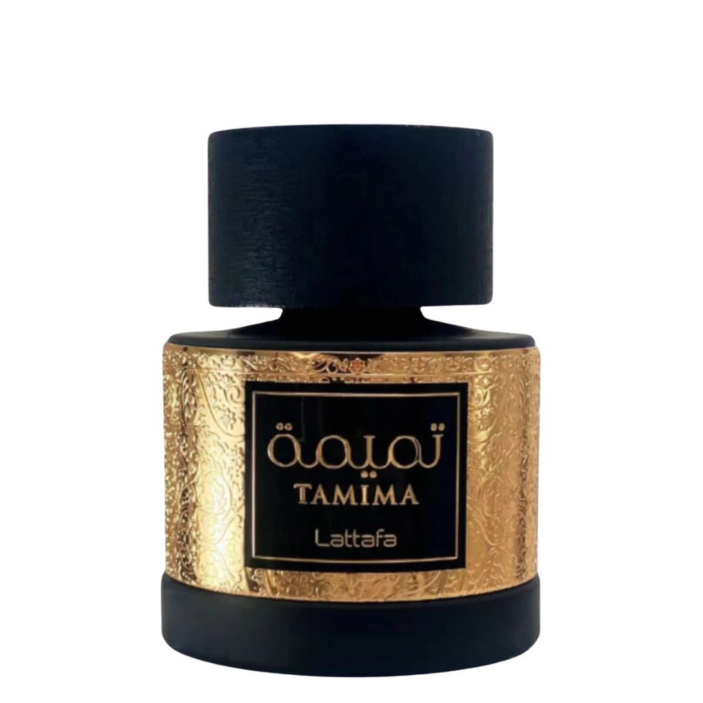 A bottle of Tamima Perfume by Lattafa with a black cap and a gold and black label.