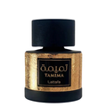A bottle of Tamima Perfume by Lattafa with a black cap and a gold and black label.