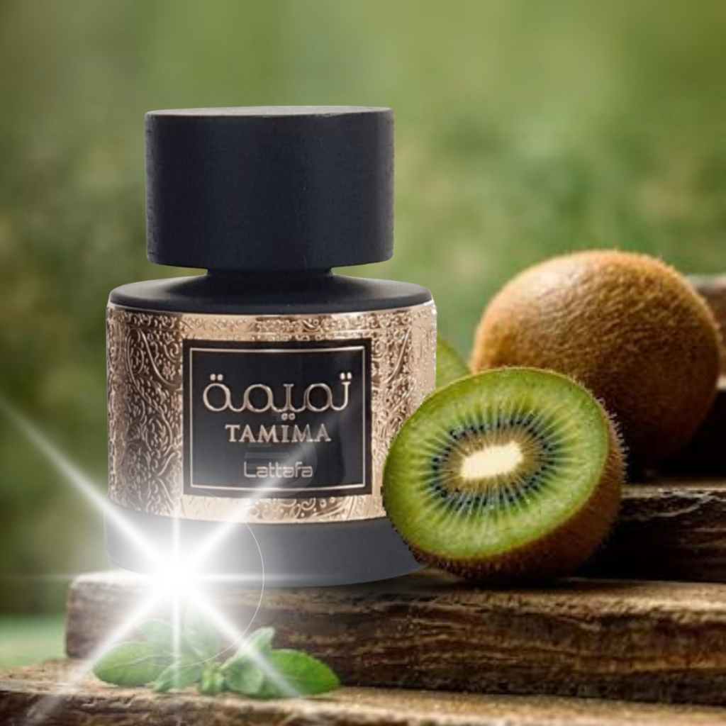 TAMIMA perfume bottle with kiwis on a wooden surface