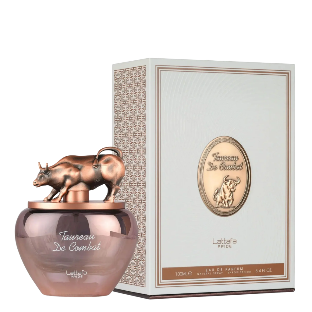 Lattafa Pride Taureau De Combat Eau de Parfum bottle with a bronze bull sculpture on a white background next to its patterned packaging box.