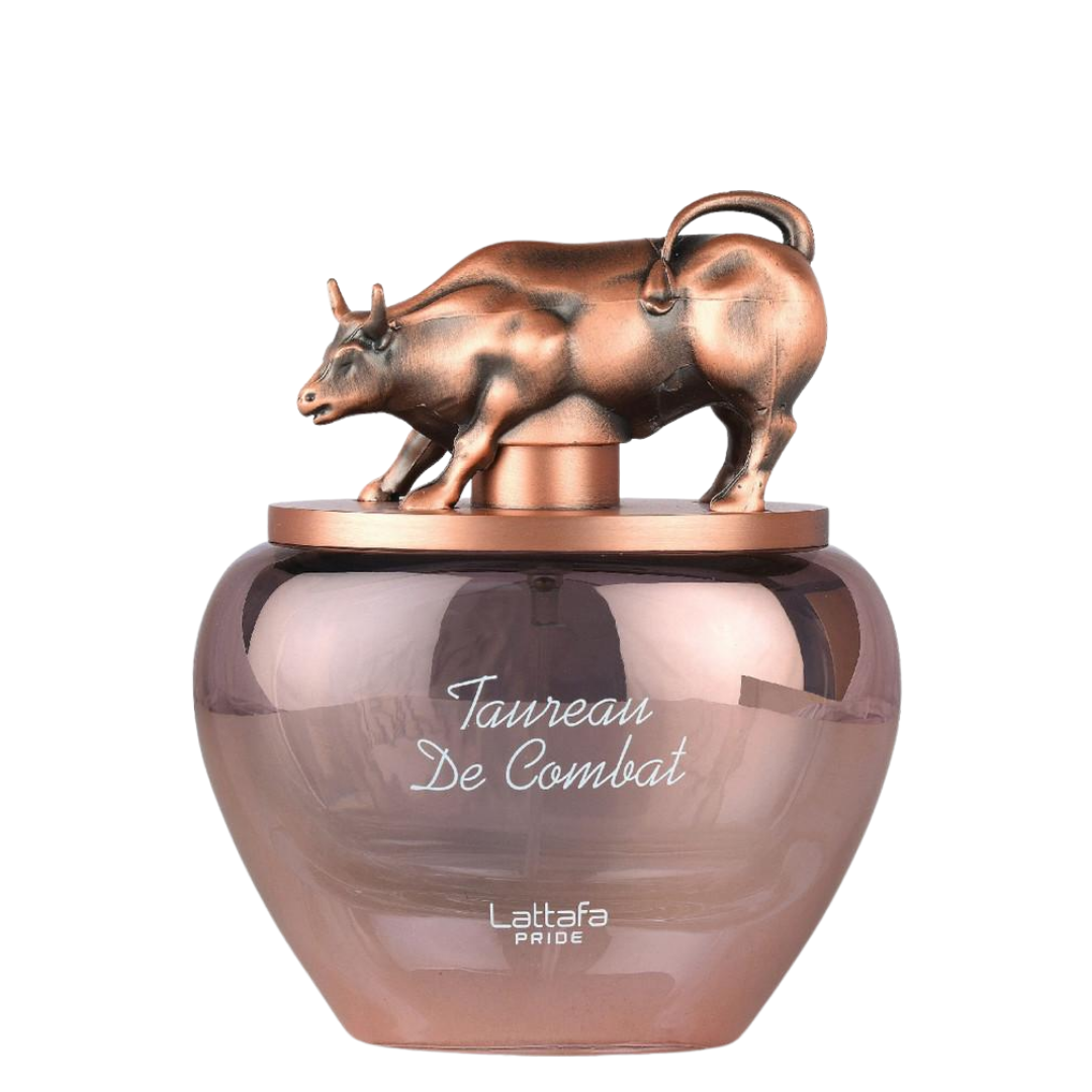 Lattafa Pride Taureau De Combat perfume bottle with a metallic bronze bull figurine on a rose gold-toned base, set against a plain white background.