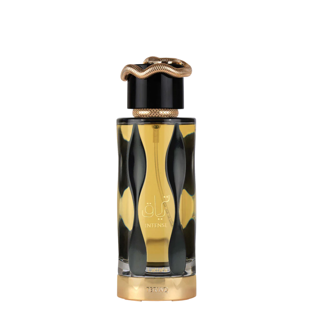 A bottle of Teriaq Intense Perfume with a black and gold design, featuring a snake motif on the cap.