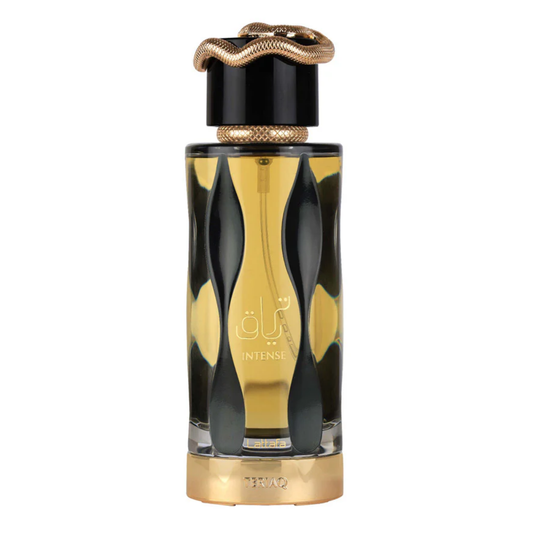 A bottle of Teriaq Intense Perfume with a black and gold design, featuring a snake motif on the cap.