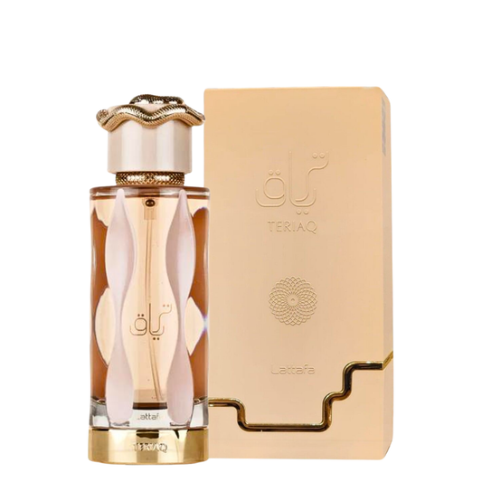 Perfume bottle and packaging with 'Teraq' branding on a white background