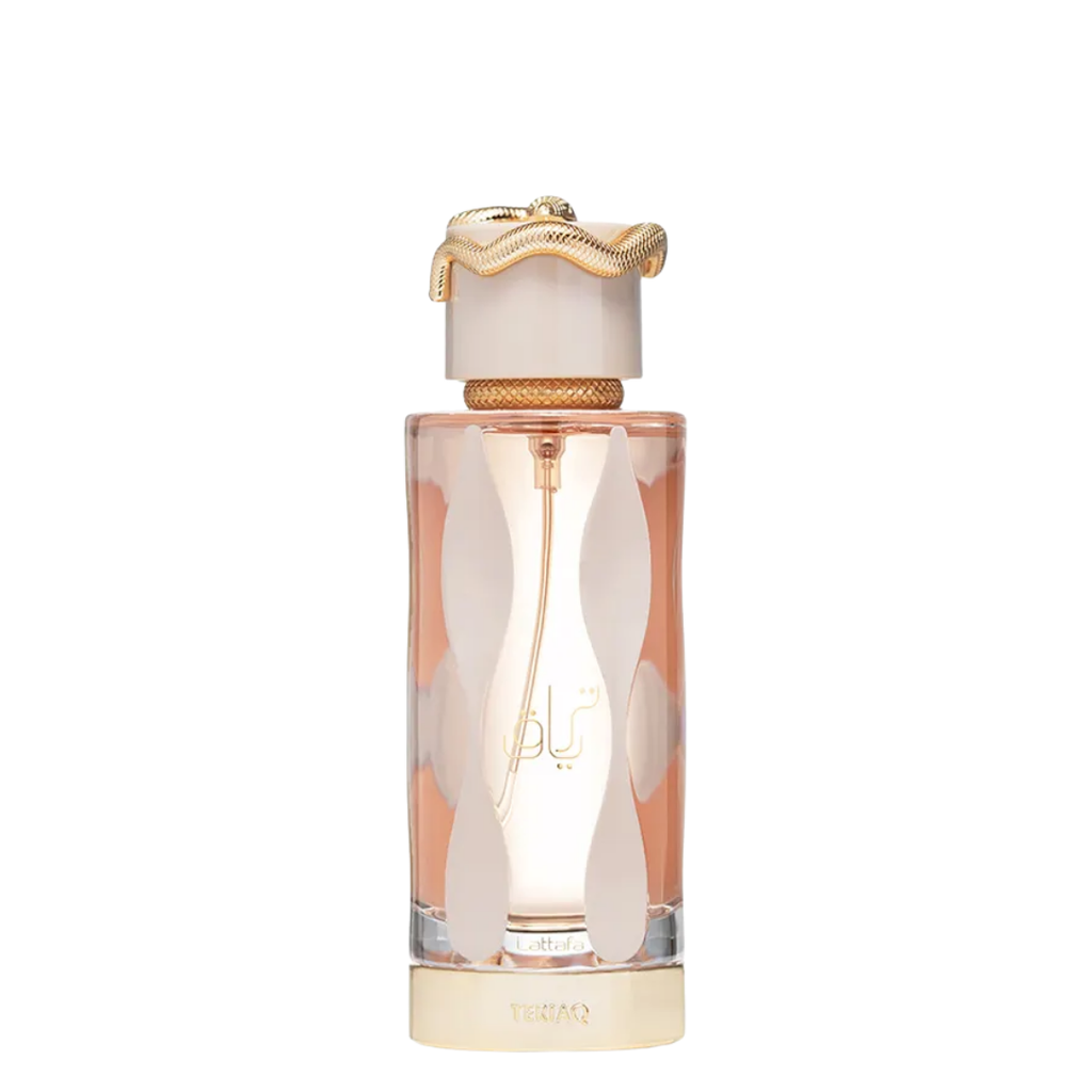 A bottle of Teriaq Perfume with a pink and white label, featuring a gold-colored cap and a clear glass container displaying the liquid inside.