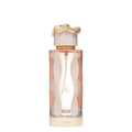 A bottle of Teriaq Perfume with a pink and white label, featuring a gold-colored cap and a clear glass container displaying the liquid inside.