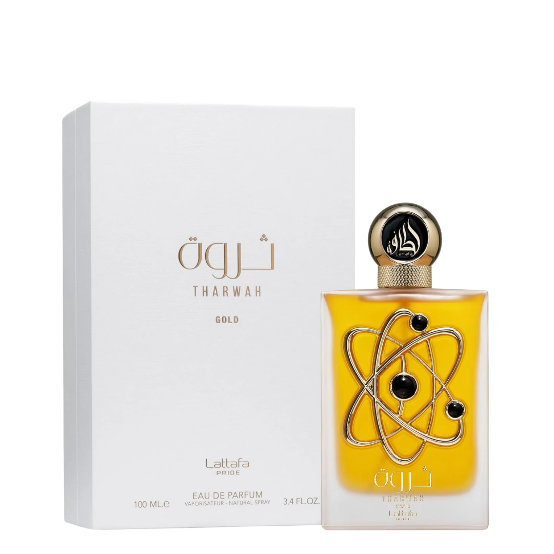 Lattafa Tharwah Gold Eau de Parfum bottle with a gold atom design and yellow liquid, shown next to its white packaging box.
