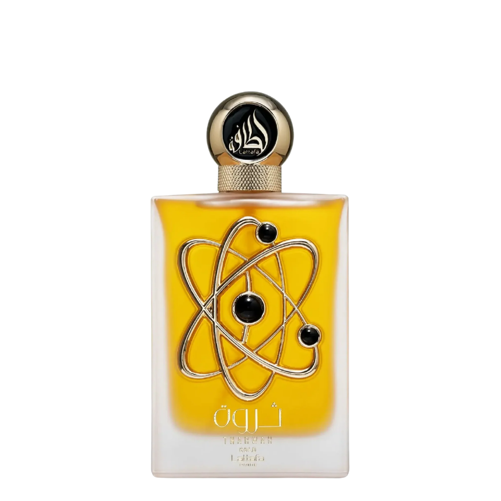 A rectangular glass perfume bottle filled with bright yellow liquid, featuring a metallic atom symbol on the front and a round black-and-gold cap, shown on a plain white background. Lattafa: Tharwah Gold
