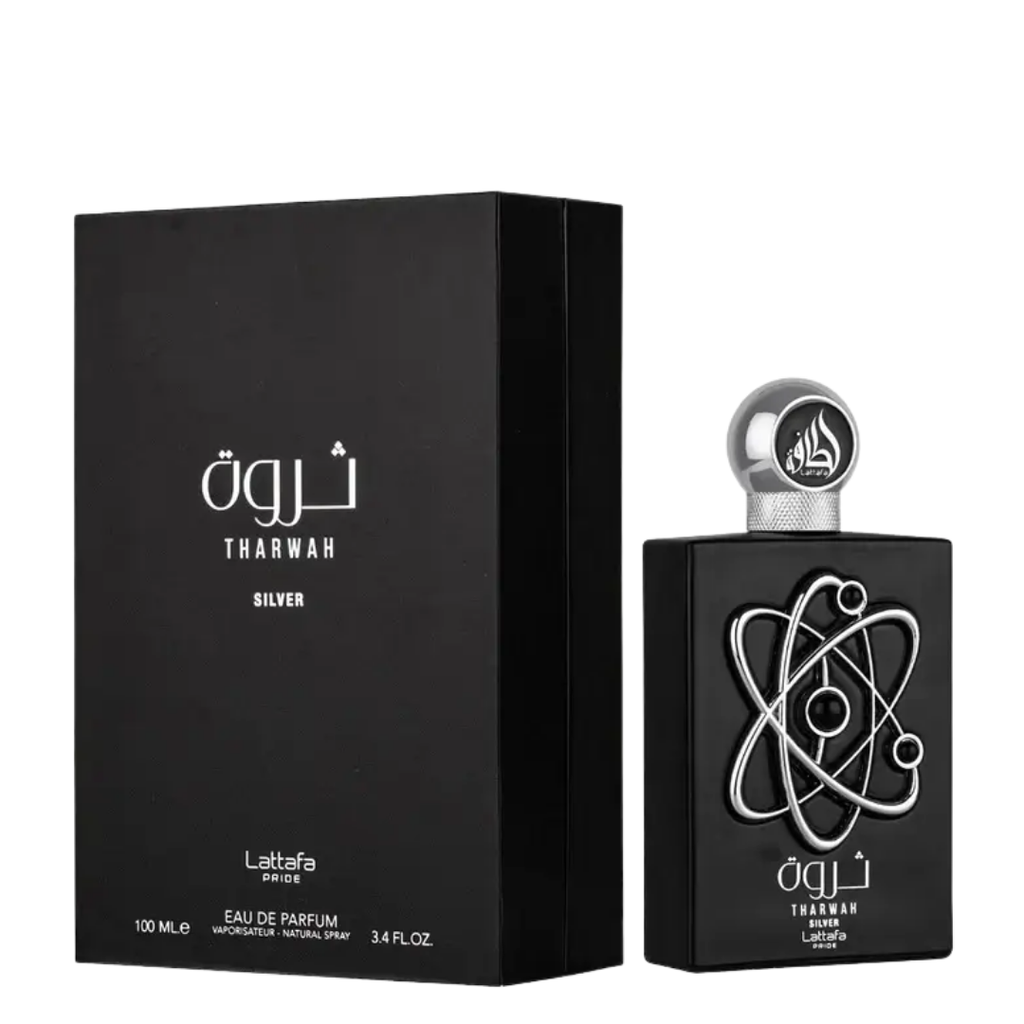 Lattafa Tharwah Silver Eau de Parfum shown with its black packaging box and the black perfume bottle featuring a silver atom symbol on a white background.
