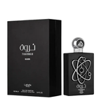 Lattafa Tharwah Silver Eau de Parfum shown with its black packaging box and the black perfume bottle featuring a silver atom symbol on a white background.
