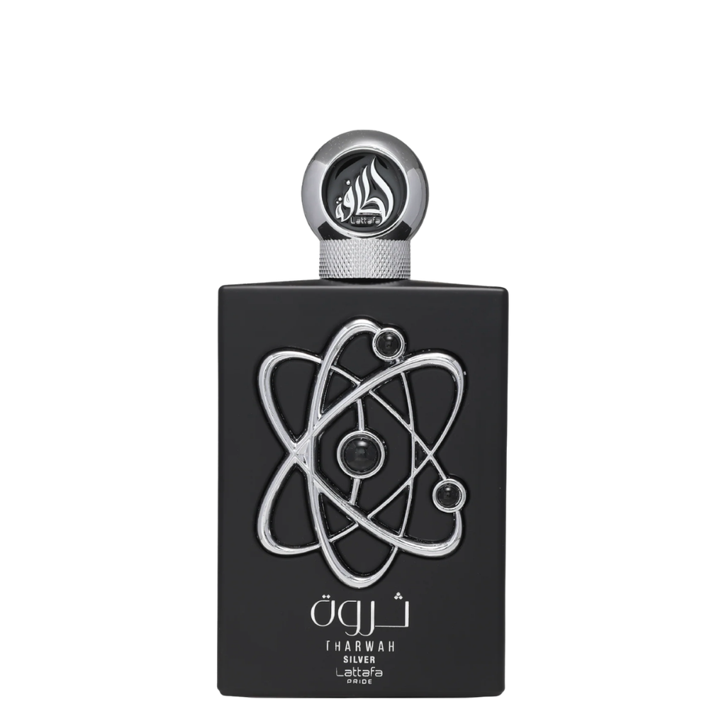 A rectangular black perfume bottle with a metallic silver atom symbol on the front, a silver neck, and a circular silver cap featuring a stylized flame logo, set against a plain white background. Lattafa: Tharwah Silver