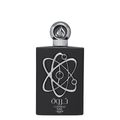 A rectangular black perfume bottle with a metallic silver atom symbol on the front, a silver neck, and a circular silver cap featuring a stylized flame logo, set against a plain white background. Lattafa: Tharwah Silver