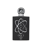 A rectangular black perfume bottle with a metallic silver atom symbol on the front, a silver neck, and a circular silver cap featuring a stylized flame logo, set against a plain white background. Lattafa: Tharwah Silver