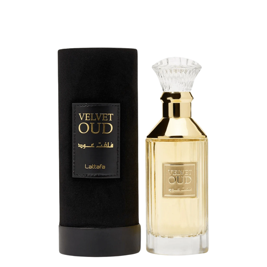 Lattafa Velvet Oud perfume bottle and packaging on a white background