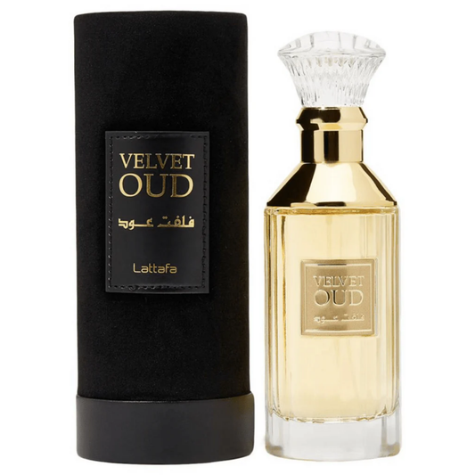 Lattafa Velvet Oud perfume bottle and packaging on a white background
