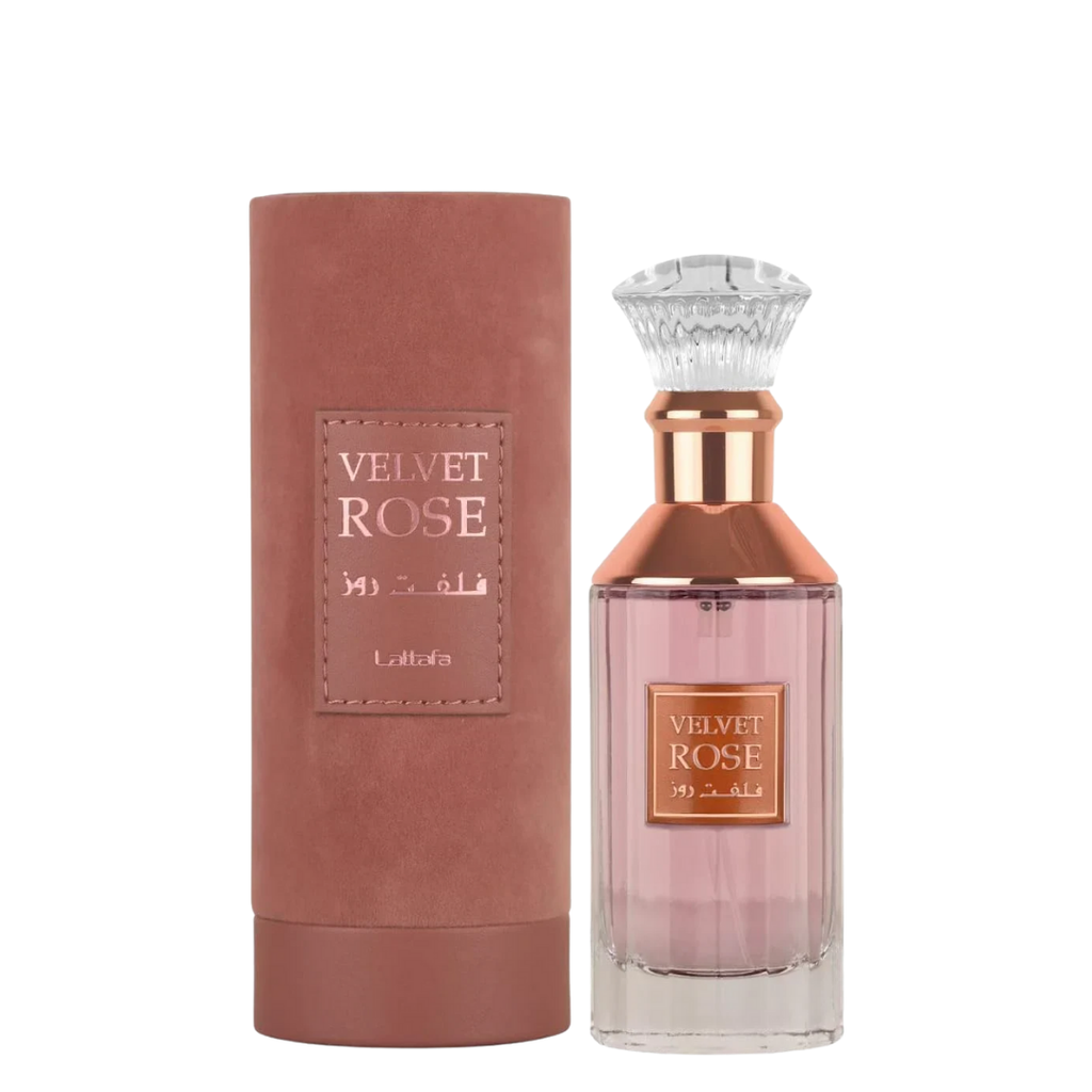 Velvet Rose perfume bottle and packaging on a white background. Lattafa Velvet Rose Womens Perfume