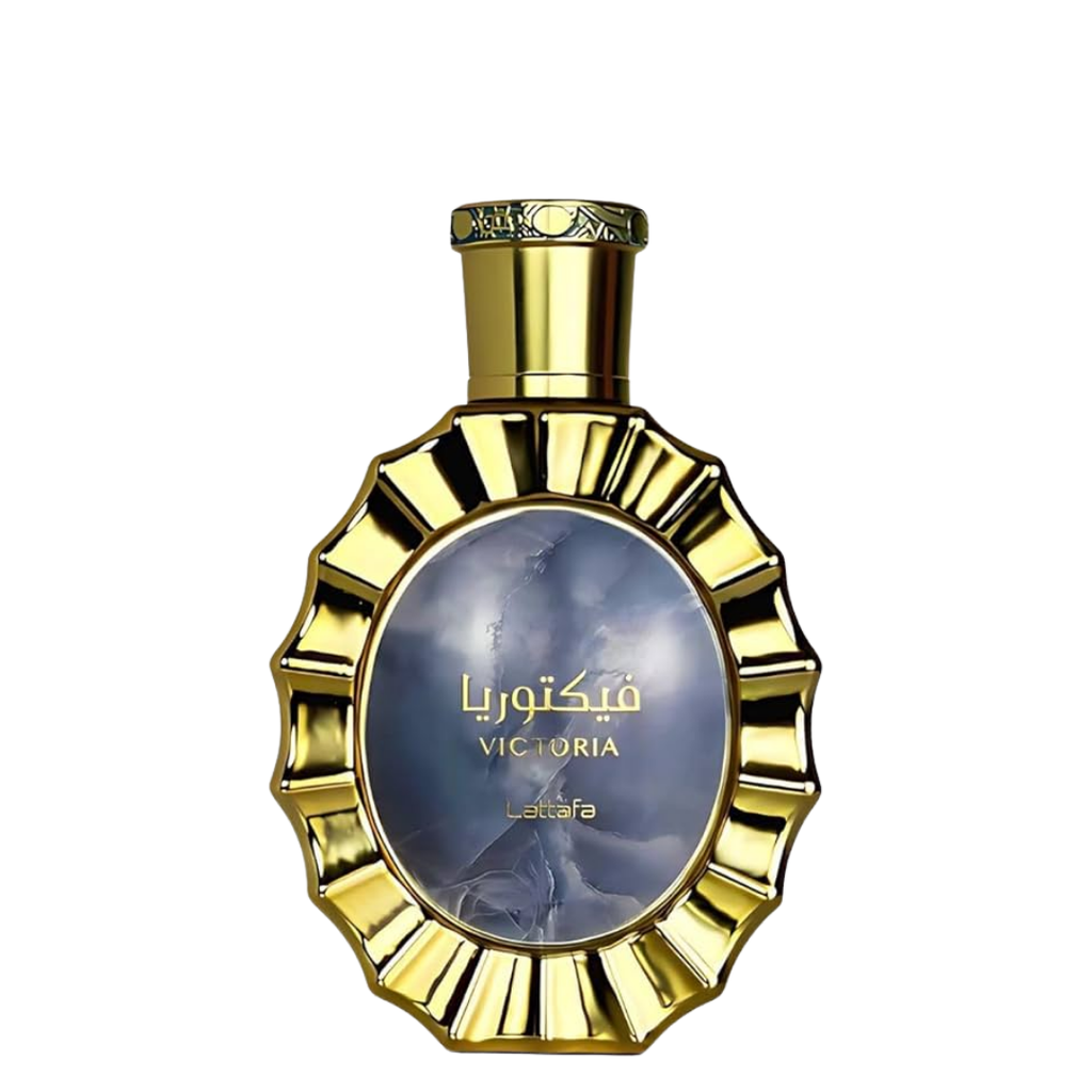 Gold and blue perfume bottle with 'Victoria' branding on a white background. Lattafa Perfumes Victoria Unisex Perfume