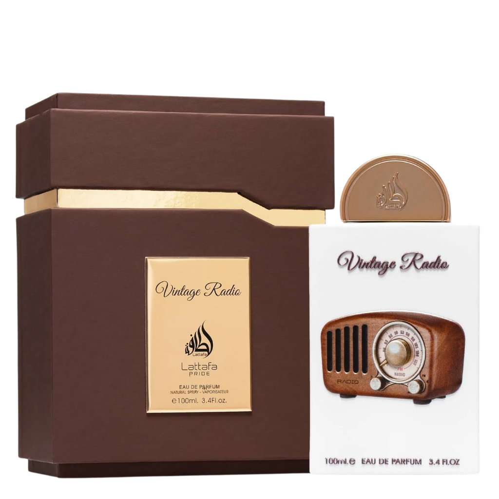 A luxury fragrance product 'Vintage Radio' and 'Lattafa Pride'.