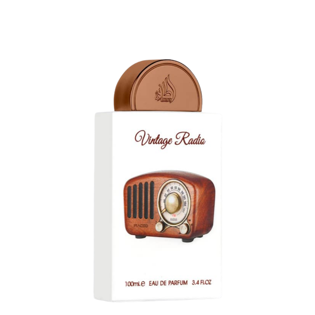 Vintage Radio Eau de Parfum 100ml bottle with its white retail box, featuring a retro brown radio illustration and a matching brown cap on a white background.