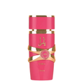 A pink bottle of Yara Candy Perfume by Lattafa with gold accents on the packaging. Lattafa Yara Candy Eau de Parfum in pink and gold bottle – sweet vanilla, fruity, and floral fragrance for women. 