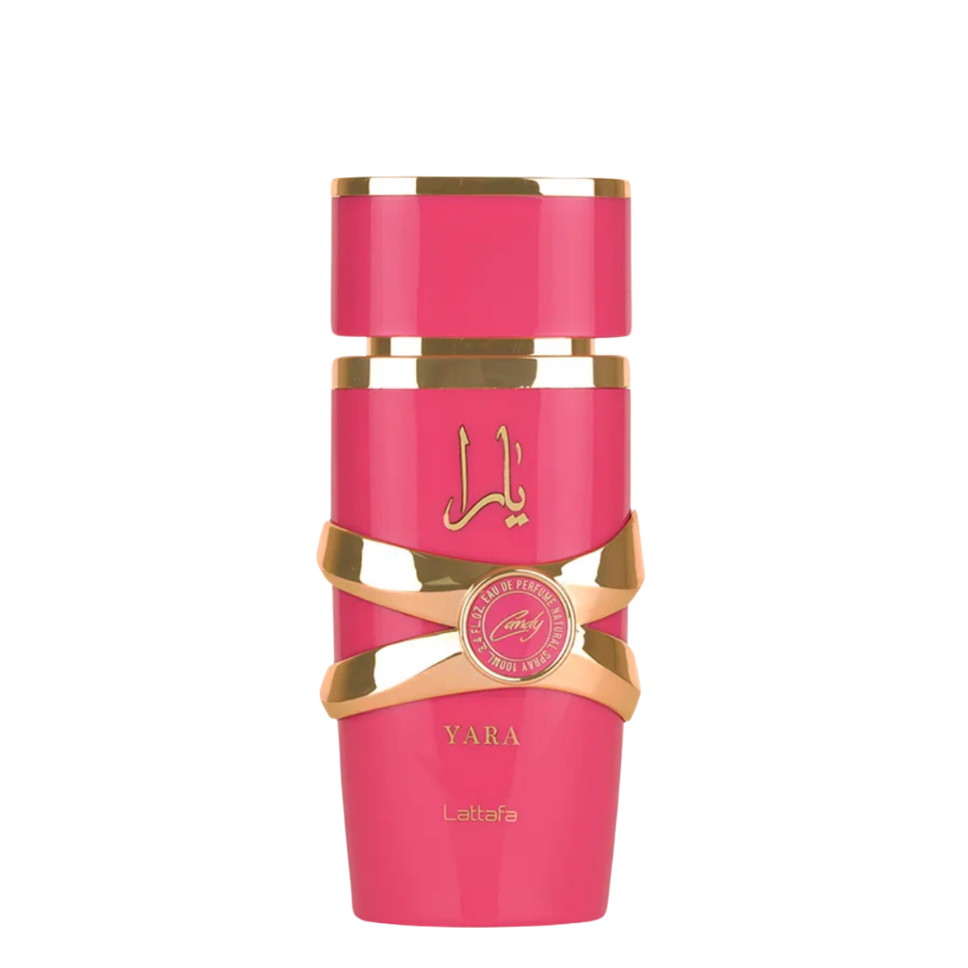A pink bottle of Yara Candy Perfume by Lattafa with gold accents on the packaging. Lattafa Yara Candy Eau de Parfum in pink and gold bottle – sweet vanilla, fruity, and floral fragrance for women. 